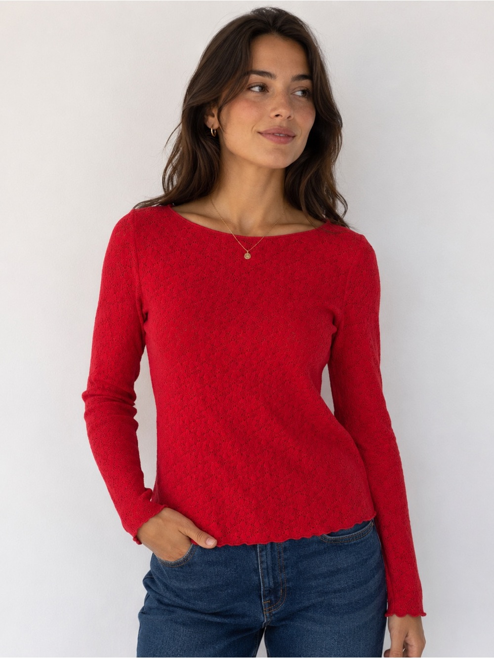 Sanctuary Red Long Sleeve Boatneck Knit lace Top